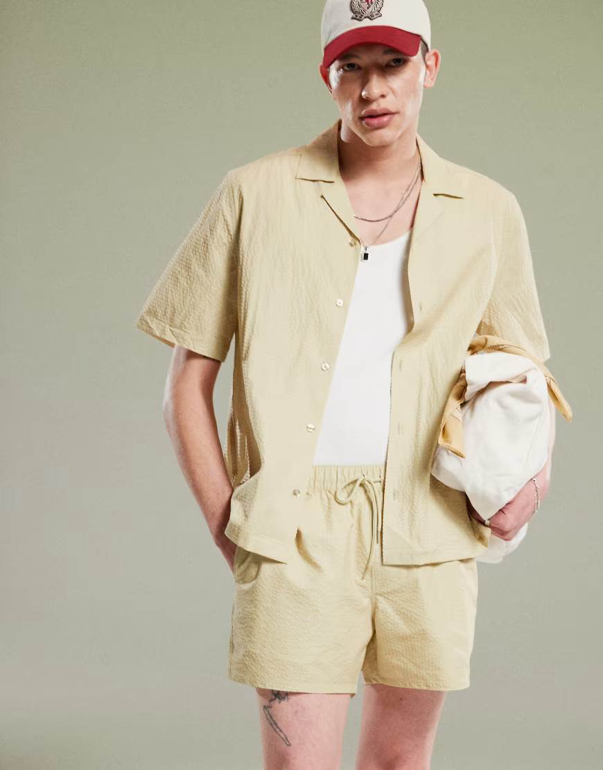 ASOS DESIGN boxy seersucker shirt in green - part of a set | ASOS (Global)