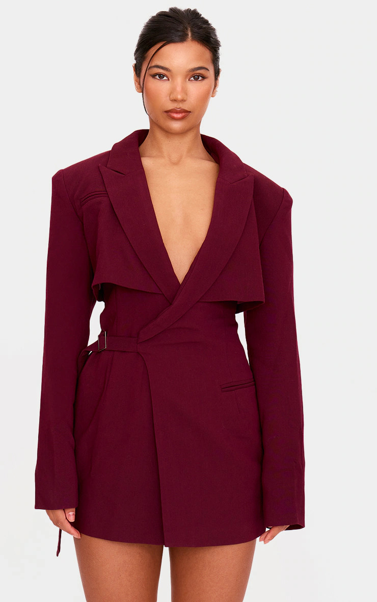 PLT Label Burgundy Tie Side Detail Blazer Dress | Dresses | PrettyLittleThing US