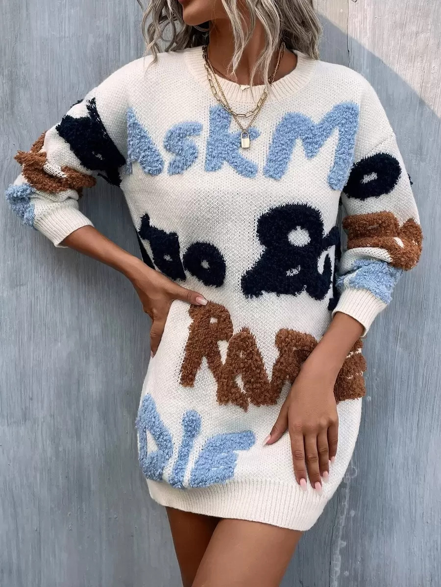 Letter Pattern Drop Shoulder Sweater Dress
   
      SKU: sw2207094549930334
          
         ... | SHEIN