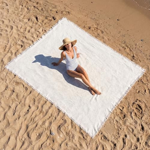 Hillsuren Giant Beach Blanket with Fringe 91 x 71 Inch Waffle Woven Cotton Oversize Yarn Outdoor Picnic Blanket Bohemia Sandproof Beach Towel for Spring Summer Camping Accessories(Milky White) | Amazon (US)