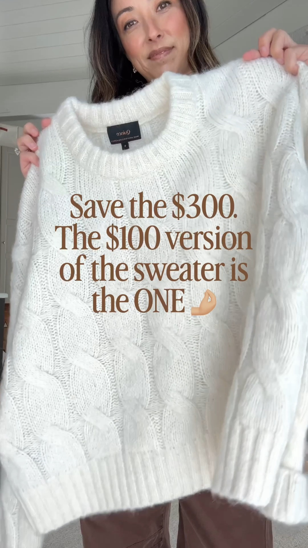 There’s a jenni Kayne version of this sweater that’s $400. I can confirm this $100 version is incredible! Save the $300. 
I took the small but could wear the xs. 

Quince sweater small
Everlane tee medium
Pistola cargos petite 26. This color rubs smaller than the green. 
Veronica beard loafers 5.5
Liffner bucket bag
Celine sunglasses 
Dorsey Cecilia earrings 3.4