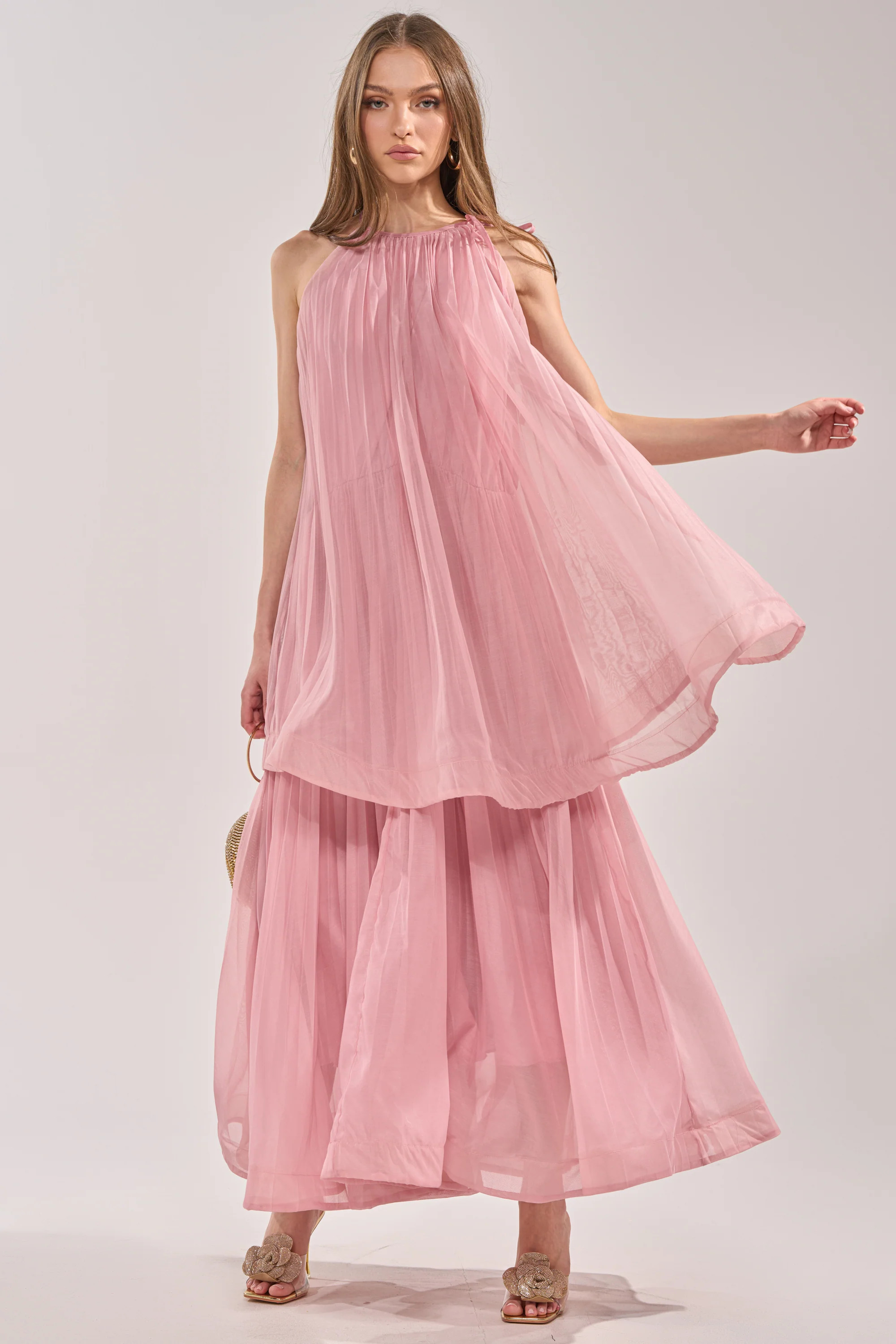 AKIRA Breezy Girl Tiered Maxi Dress In Blush | Size Medium | AKIRA
