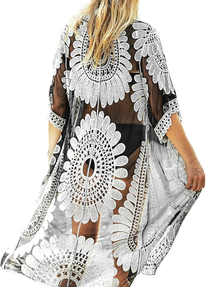 CUPSHE Women's Black Sunflower Crochet Scallop Cover Up | Amazon (US)