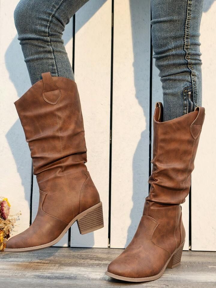 Elegant Brown Boots For Women, Minimalist Slip On Slouchy Boots | SHEIN