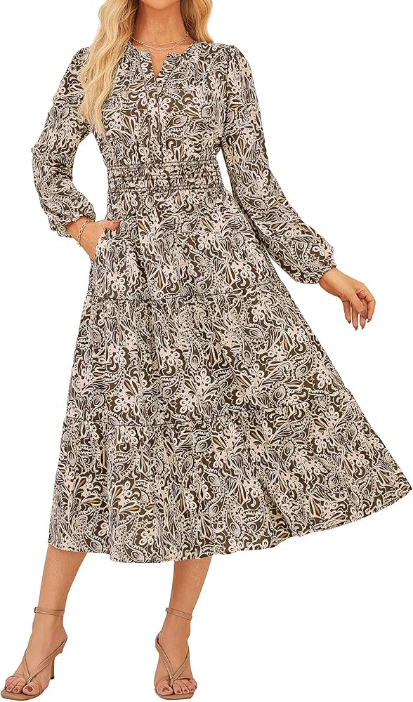 GRACE KARIN Women Fall Wedding Guest Dresses 2025 Floral Long Sleeve Maxi Dress Boho V Neck Empir... | Amazon (US)