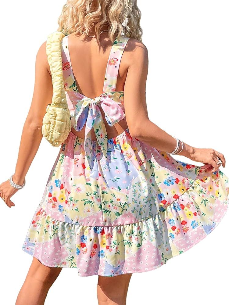Floerns Women's Floral Print Knot Back Sleeveless Sundress Ruffle Hem A Line Dress | Amazon (US)