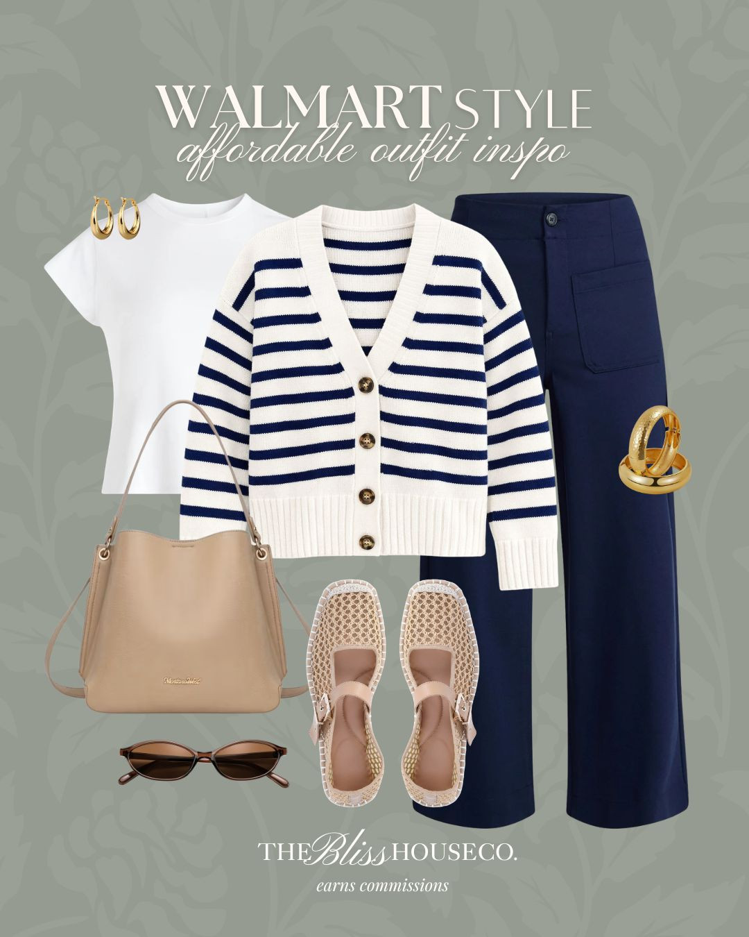 Affordable Walmart outfit inspo. ✨ Striped cardigan, navy wide leg pants, white tee outfit, woven flats, neutral shoulder bag, gold jewelry, brown sunglasses, casual spring style.

Walmart fashion finds, affordable spring outfit, striped cardigan outfit, navy trousers outfit, casual everyday style, walmart clothing finds, spring capsule pieces, neutral outfit idea, budget fashion look, classic casual style 

 #LTKootd