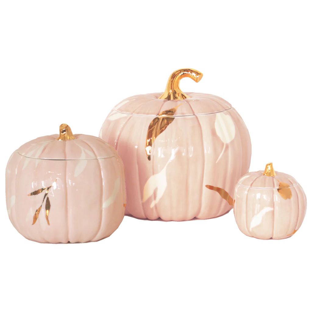 Layered Leaves Pumpkin Jars with 22K Gold Accents in Pink | Lo Home by Lauren Haskell Designs
