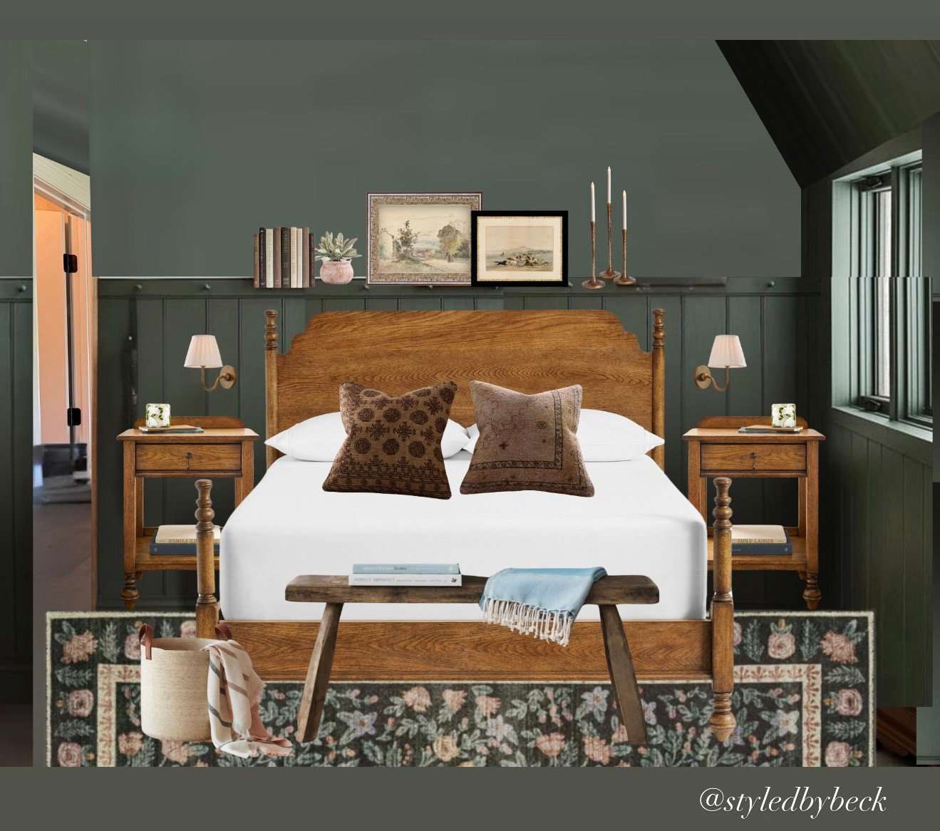 pottery barn, wood 4-poster bed, end of bed bench, decor baskets, wood nightstands, bedroom design, home inspo, throw pillows, lamp sconce, wall sconces, pleated lamp shade wall sconce, candle tapers, artwork, floral rug, vintage rug

#LTKHome