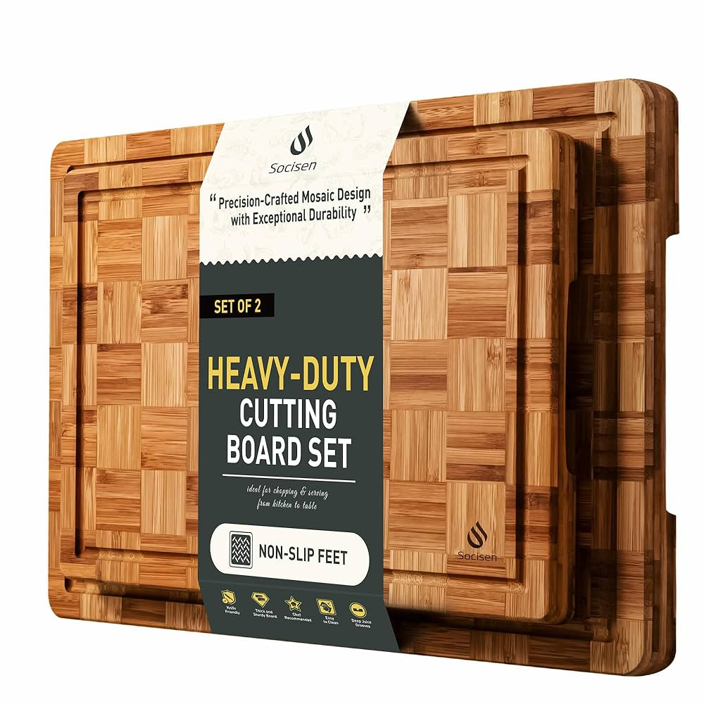 2 Pack Heavy Duty Bamboo Cutting Board Set Non Slip Over Sink Solid End Grain Thick Wood Chopping... | Amazon (US)