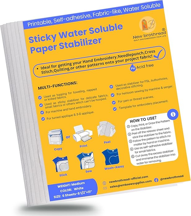 New brothread 6PCS 8.5"x11" Sticky Water Soluble Embroidery Stabilizer Printable Paper Stabilizer... | Amazon (US)