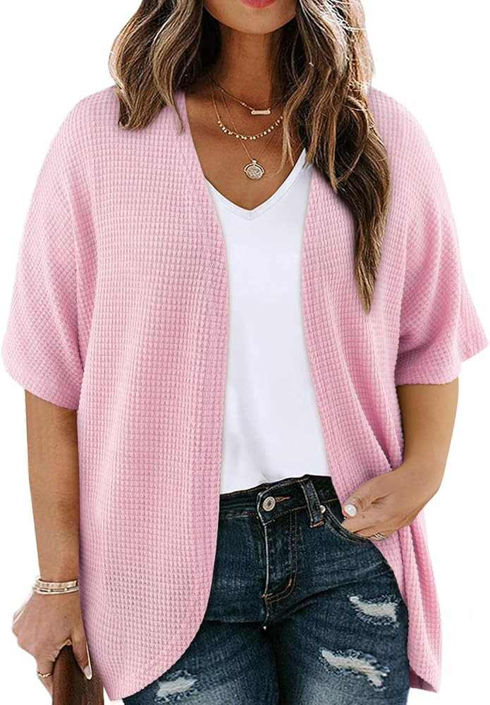 Eytino Womens Plus Size Cardigan Casual Short Sleeve Waffle Knit Kimono Open Front Tops(1X-5X) | Amazon (US)