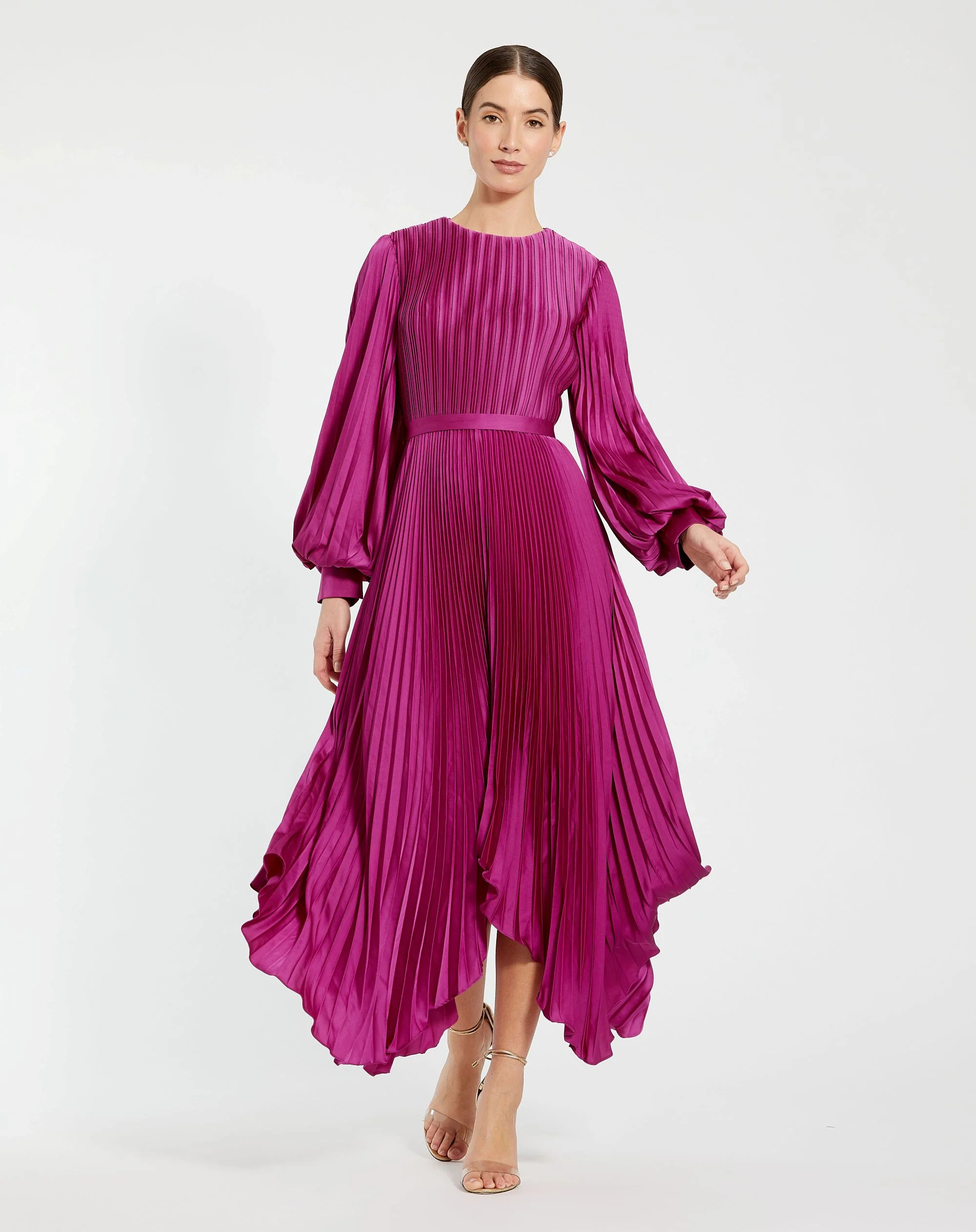 Petite Purple Long Sleeve Pleated Charmeuse Handkerchief Dress | Mac Duggal | Mac Duggal