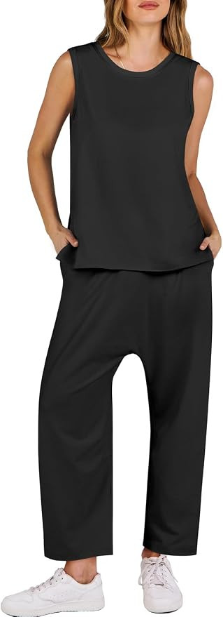 ANRABESS Conjunto de dos piezas para mujer, camiseta sin mangas y pantalones recortados harén a ... | Amazon (US)