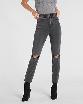 Super High Waisted Extra Supersoft Black Ripped Slim Jeans | Express