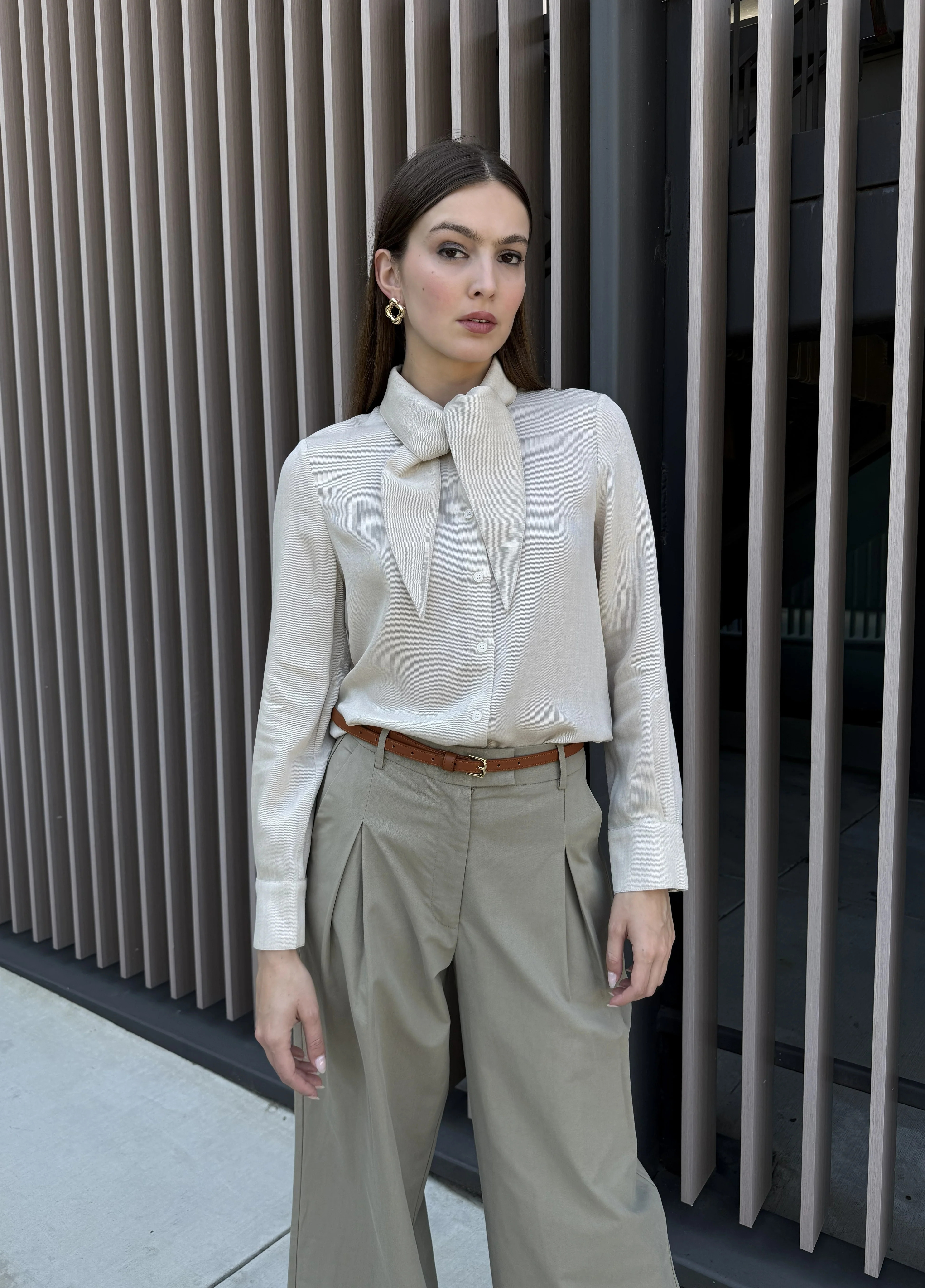 Lilia Button Down Top with Collar Tie-Oatmeal | Benaar La