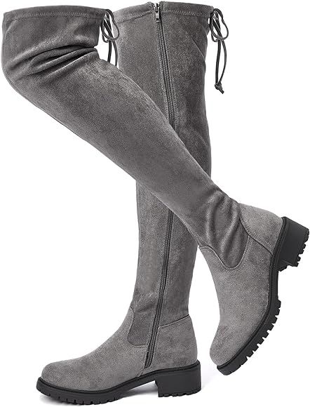 TINSTREE Women's Suede Over The Knee Boots Round Toe Side Zipper Flat Booties Thigh High Boots | Amazon (US)
