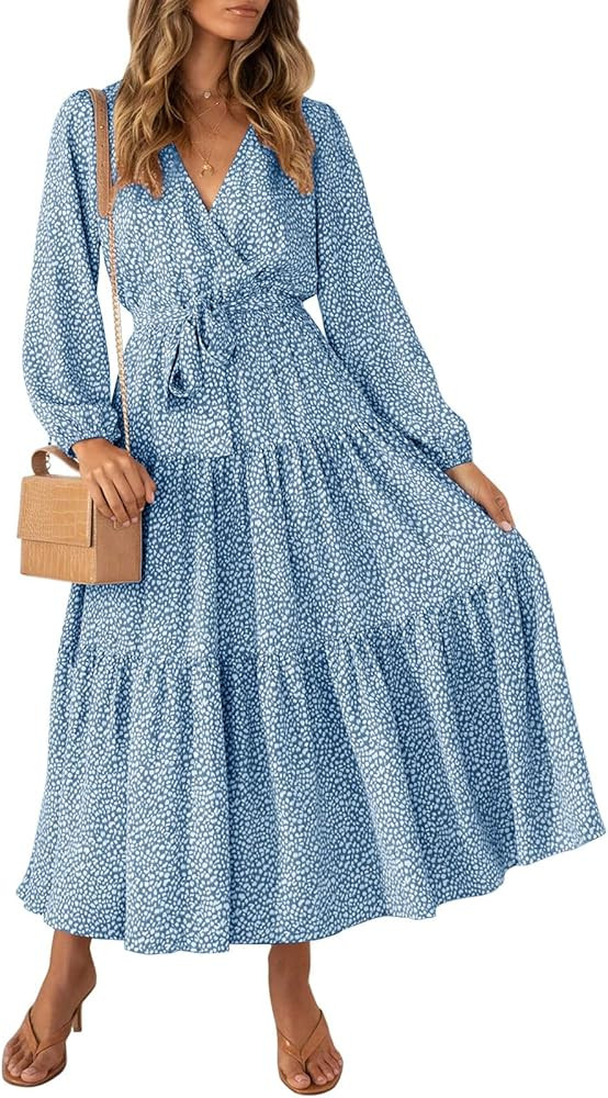 MITILLY Women's Boho Leopard Print Ruffle Long Sleeve V Neck Casual Flowy Party Maxi Dress | Amazon (US)