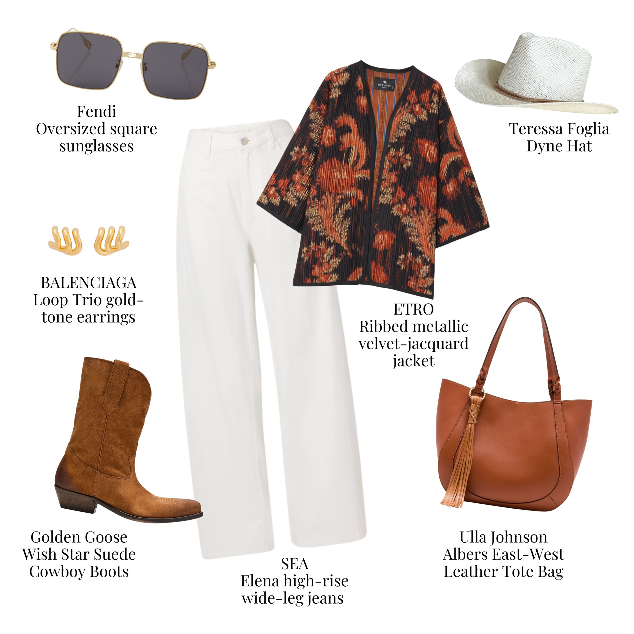 Boho chic meets modern luxe.  Metallic textures, wide-leg denim, and star-studded boots make this outfit a free-spirited dream. 
#BohoChicInspo #ETROStyle #GoldenGoose #ModernBohemian #WideLegDenim #MetallicVibes #WesternBoots #UllaJohnson #LuxeBoho #StyleWithSoul



#LTKItBag #LTKStyleTip #LTKShoeCrush