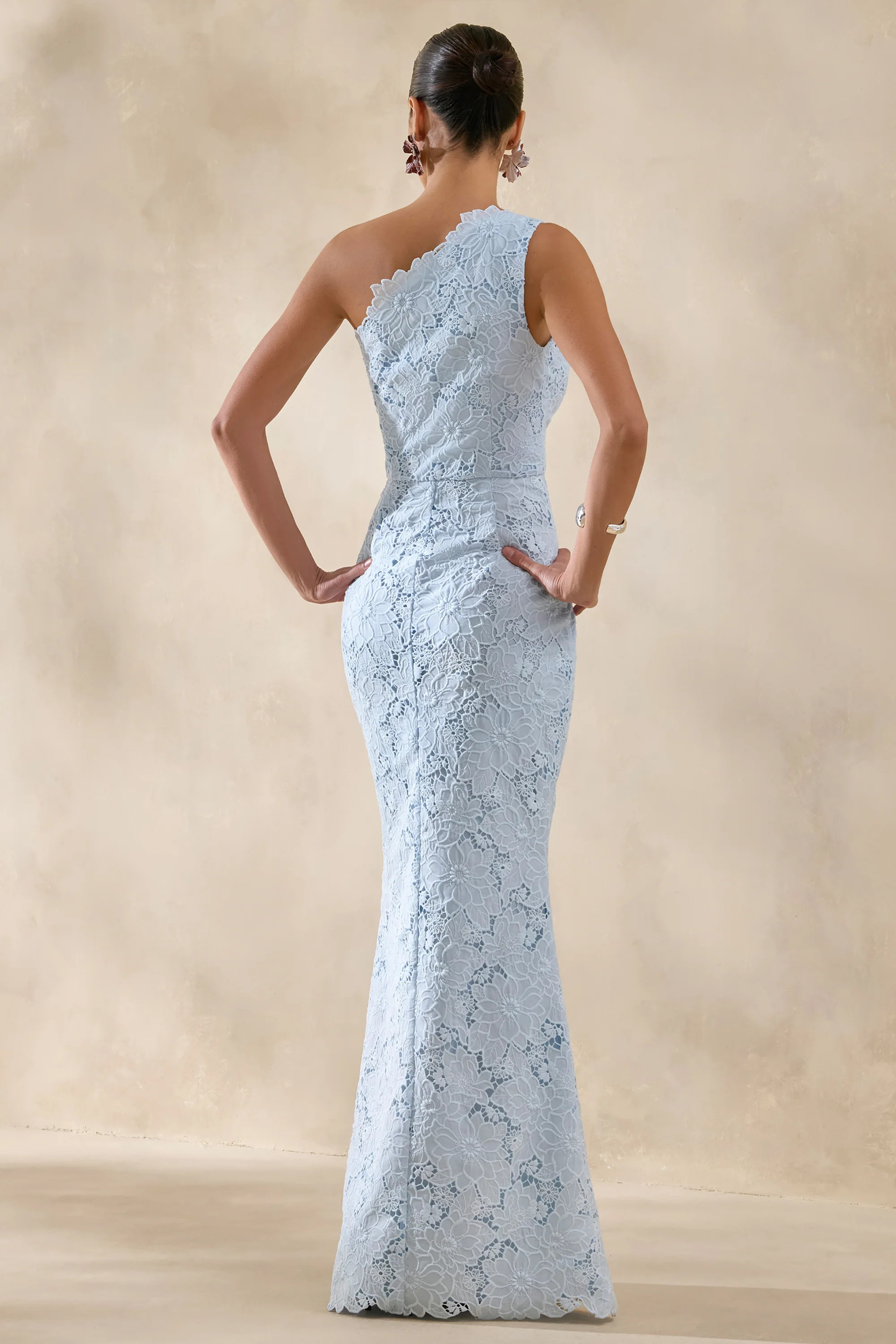 Lunia | Powder Blue Broderie Asymmetric-Neck Maxi Dress | Club L London