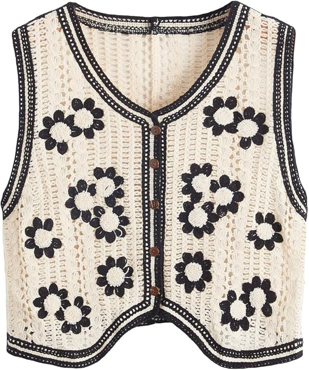 Verdusa Women's Button Front V Neck Sleeveless Checkered Knit Sweater Vest | Amazon (US)