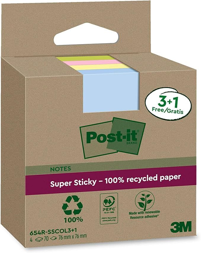 Post-it Super Sticky 100 % Recycling Notes, 3+1 GRATIS-Blöcke/Packung, 70 Blätter pro Block, 76... | Amazon (DE)