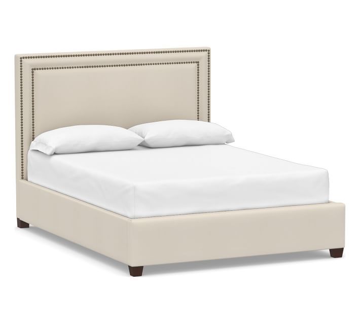 Tamsen Upholstered Square Bed with Bronze Nailheads, Queen, Twill Cream | Pottery Barn (US)