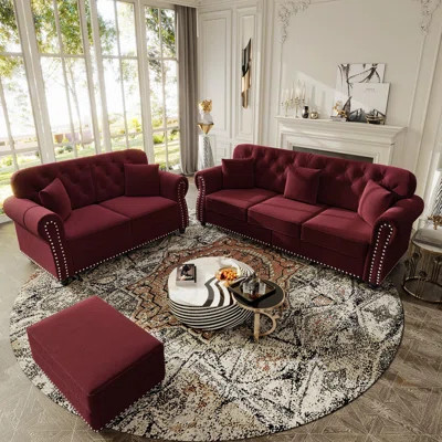 Upholstered Velvet Sofa With Nailhead Trim And Rolled Armrests,Mid-Century Modern Chesterfield Sofa With Button Tufted,Includes 1 Ottoman | Wayfair North America