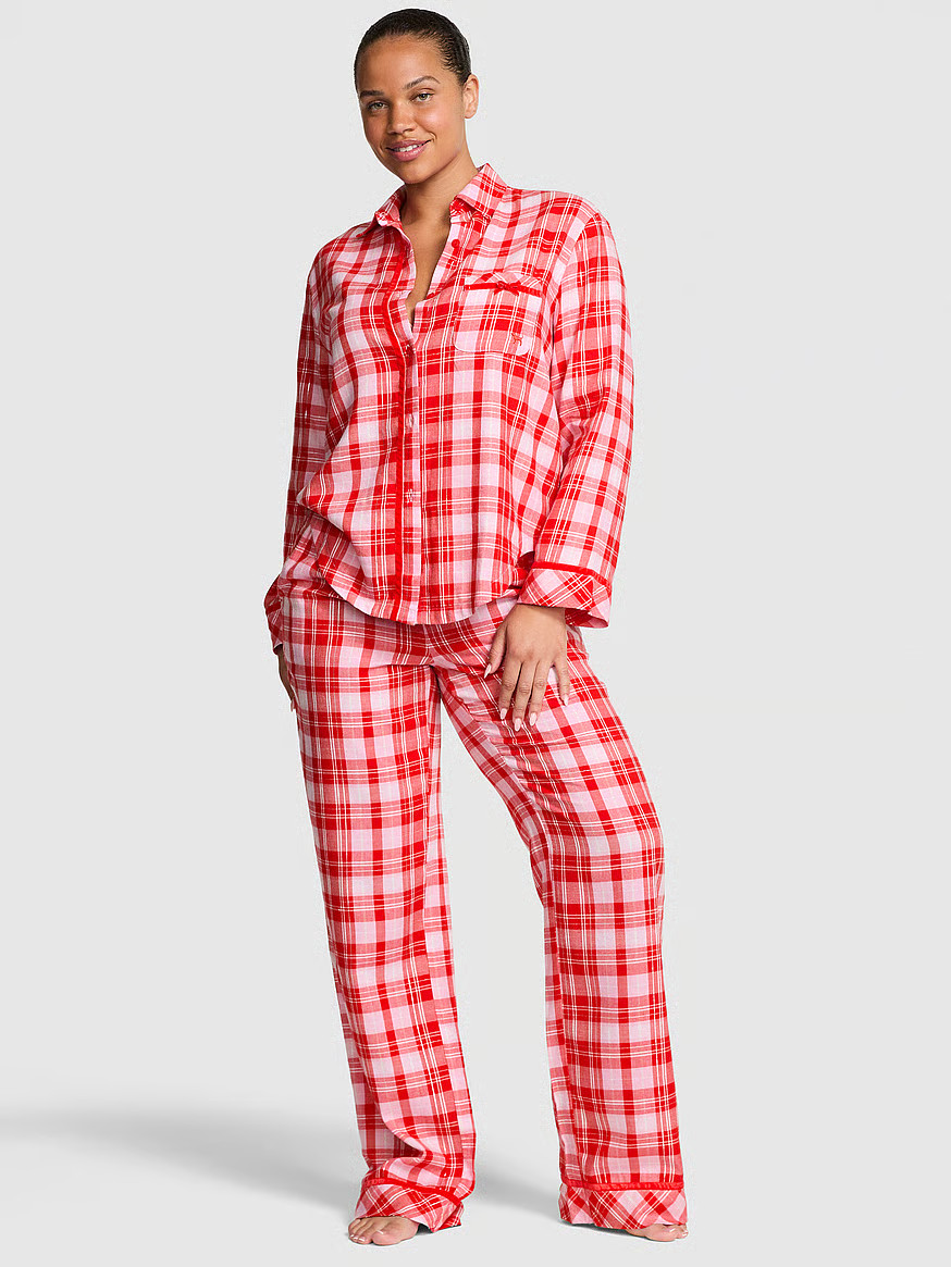 Buy Flannel Long Pajama Set, New Bright Vermillion/Pink Lollipop Plaid - Order Pajamas Sets onlin... | Victoria's Secret (US / CA )