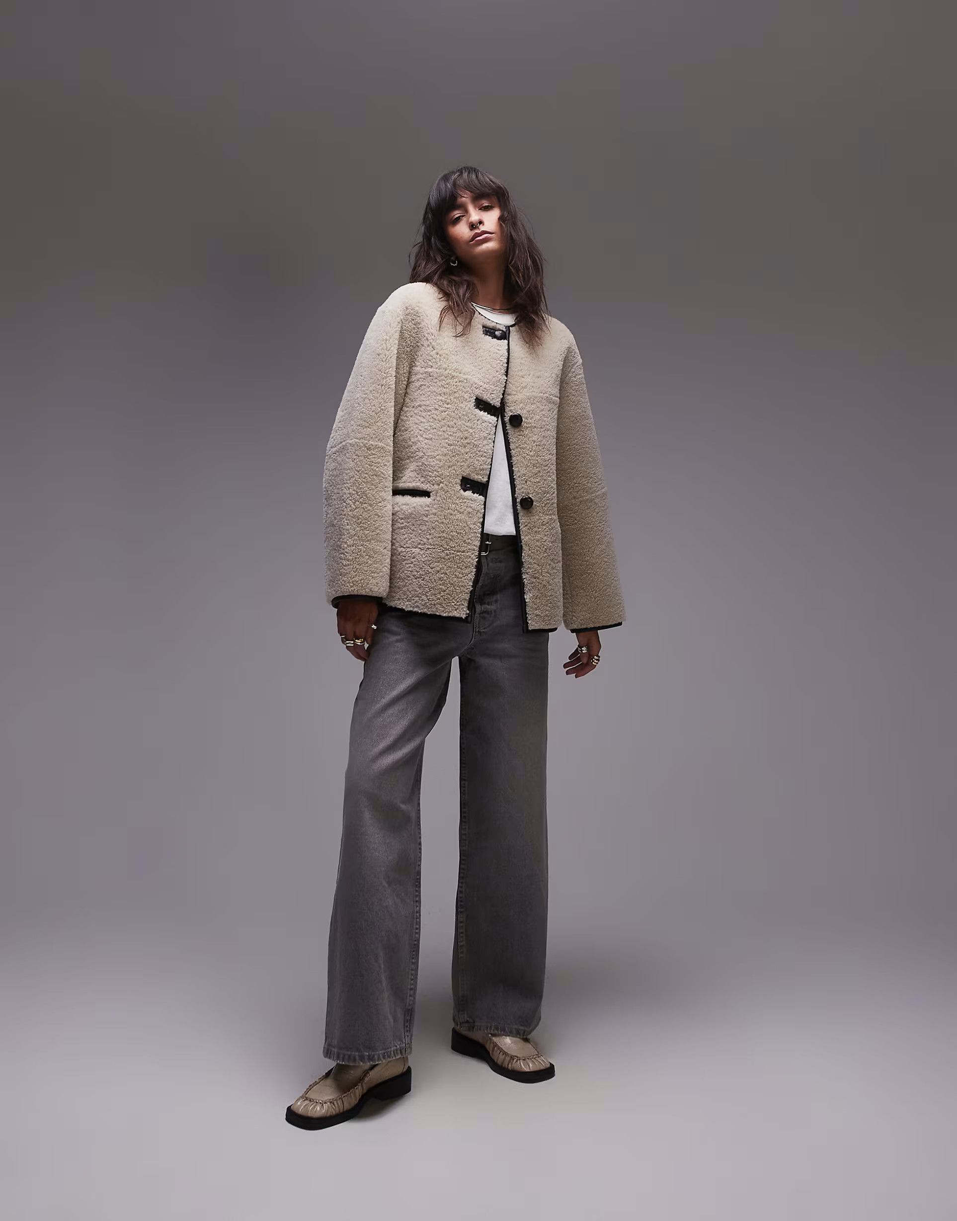 Mango contrast detail collarless shearling jacket in ecru | ASOS | ASOS (Global)