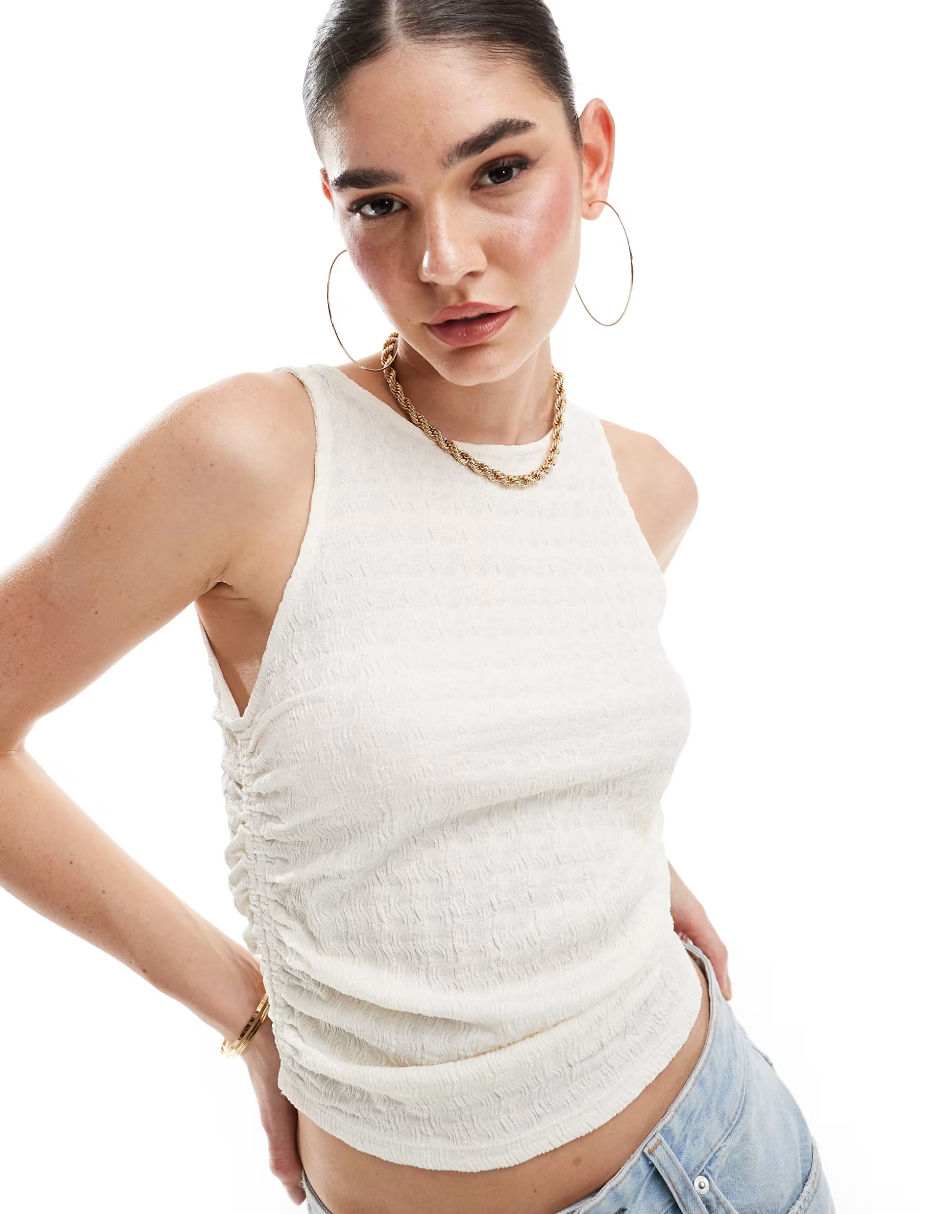 Vero Moda textured ruched tank top in cream | ASOS (Global)