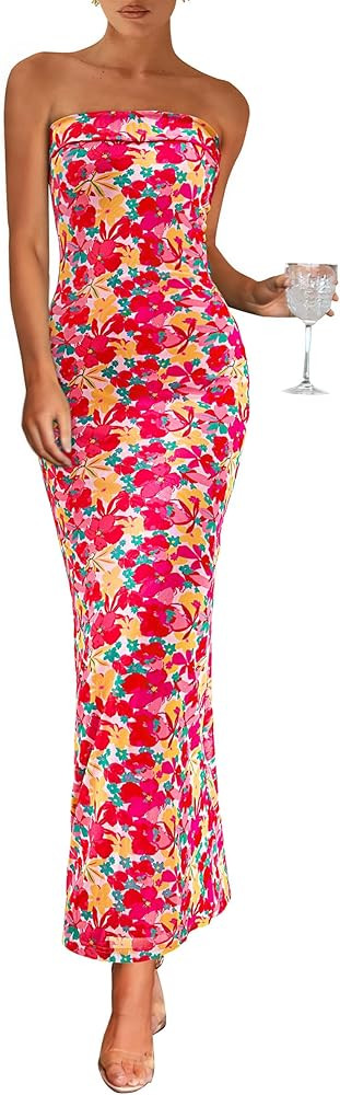 PRETTYGARDEN Womens Summer Printed Tube Maxi Dress Strapless Bodycon Sleeveless Night Out Long Dr... | Amazon (US)