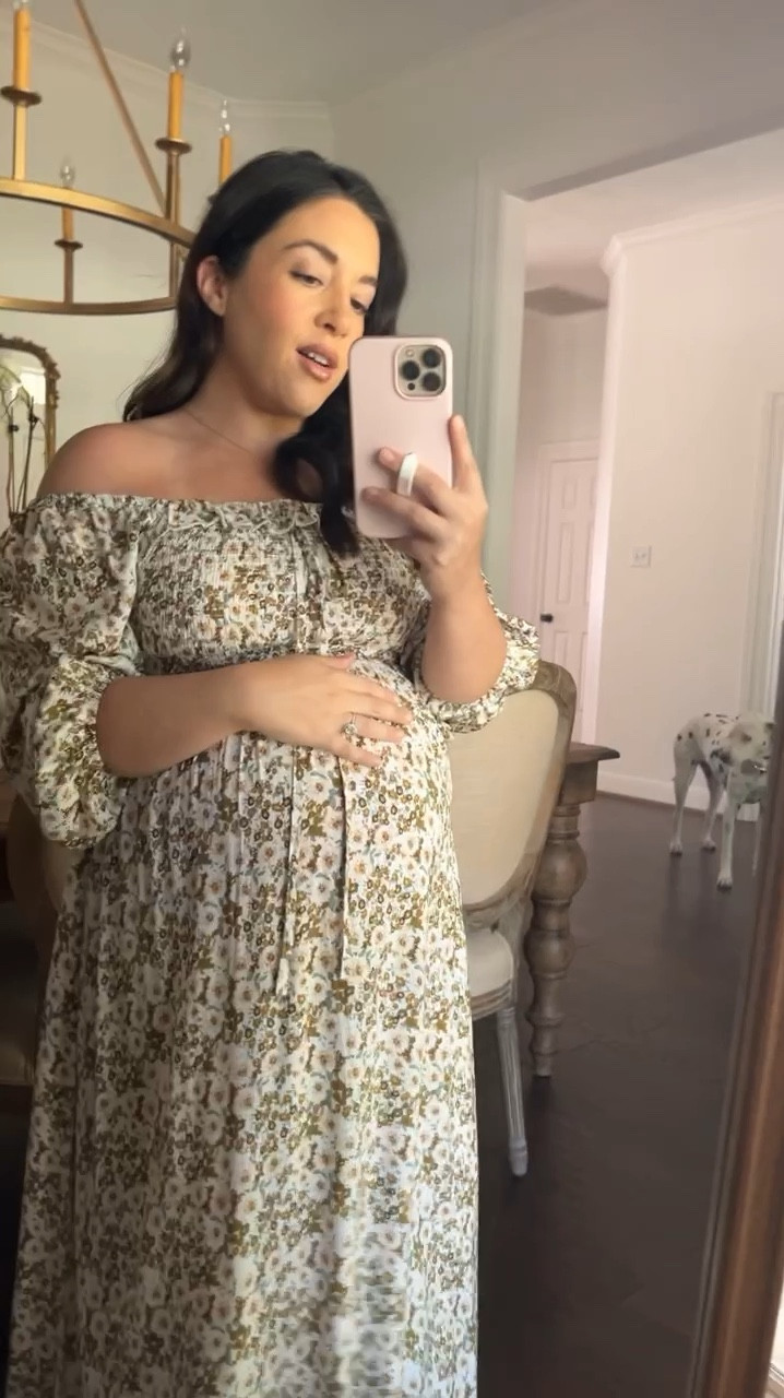 Beautiful sage and neutral floral maternity dress! Smocked top and sleeves you can wear off the should give a beautiful shape & fit! Perfect for a neutral baby shower too!

#LTKbump #LTKparties #LTKfindsunder100