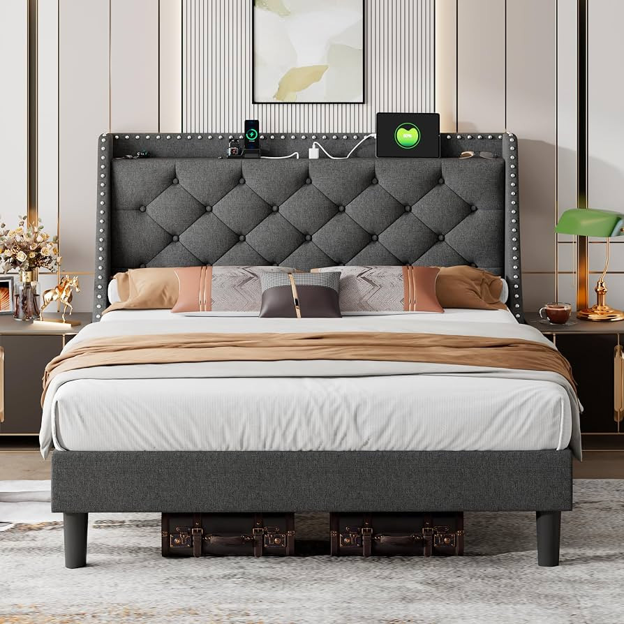 iPormis Queen Bed Frame with 16" Comfort Wingback & Charging Station, Upholstered Platform Bed wi... | Amazon (US)