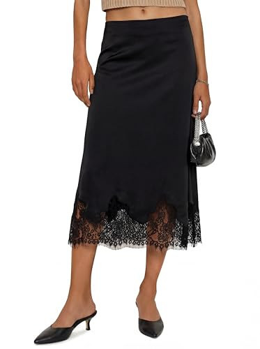 Cicy Bell Womens Silk Satin Midi Skirts Casual Dressy Lace Hem High Waisted A-Line Skirt Elegant Party Cocktail Outfit Black | Amazon (US)