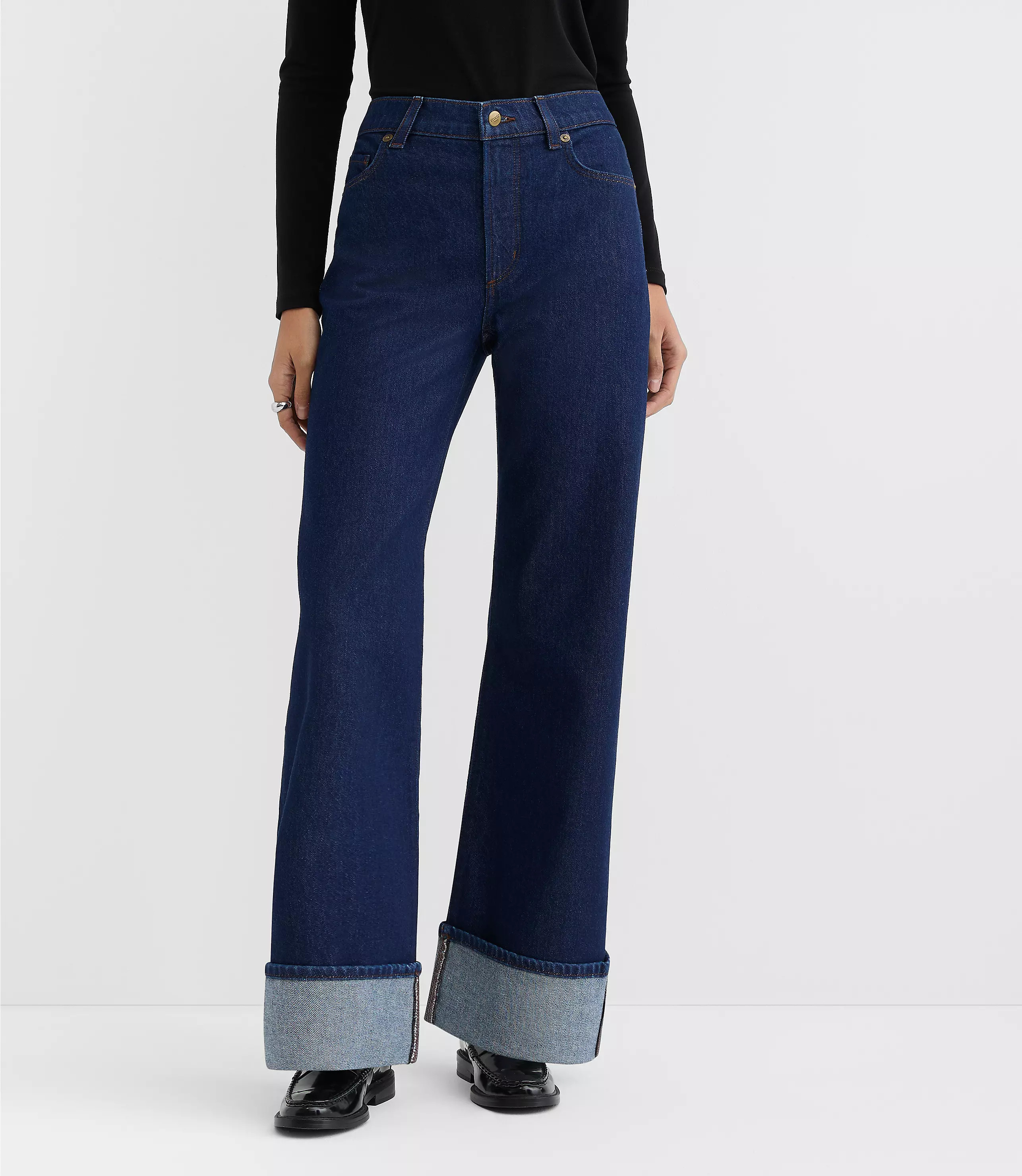 Rivete Curvy Cuffed High Rise Wide Leg Jeans in Nova Wash | LOFT