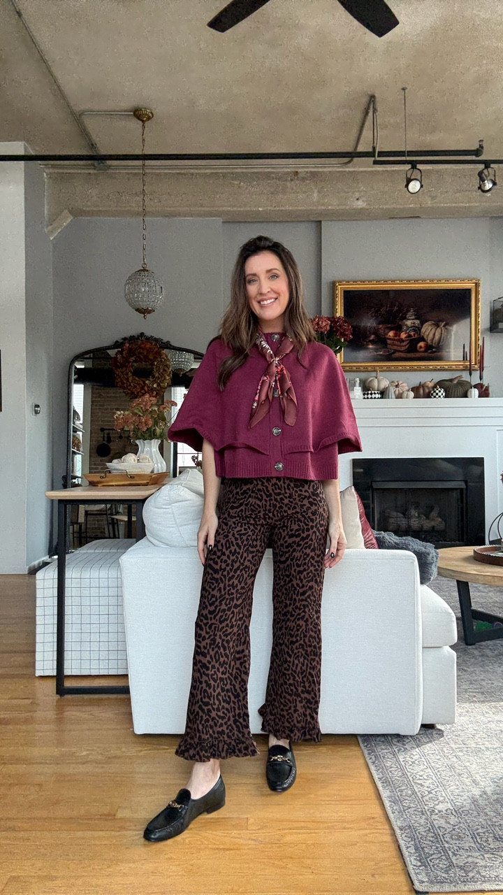 Obsessed with this Anthropologie fall outfit! These pants are a fall capsule essential, stretch my high waisted fit and fit true to size. I got my true size in the cape sweater that is trending for fall. This little silk bandana scarf is the perfect accessory for a pop of color/print for Fall looks.

#LTKStyleTip
