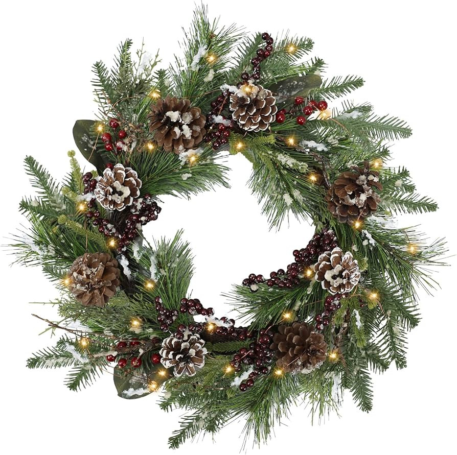22 Inch Christmas Wreaths for Front Door - Artificial Christmas Wreath with Lights, Pine Cones Be... | Amazon (US)