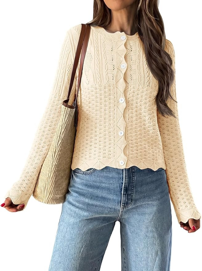 Saodimallsu Womens Crochet Cardigans 100% Cotton Lightweight Knit Button Up Long Sleeve Crewneck ... | Amazon (US)