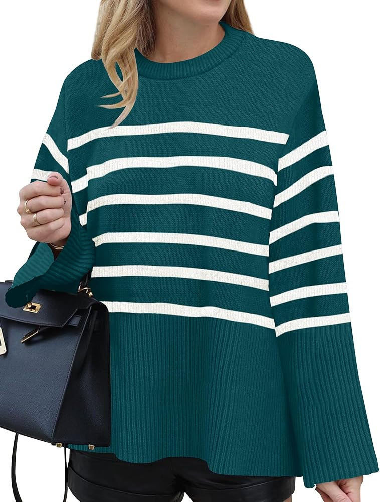 ZESICA Women's 2024 Fall Winter Striped Sweaters Long Sleeve Crew Neck Ribbed Knit Side Slit Over... | Amazon (US)