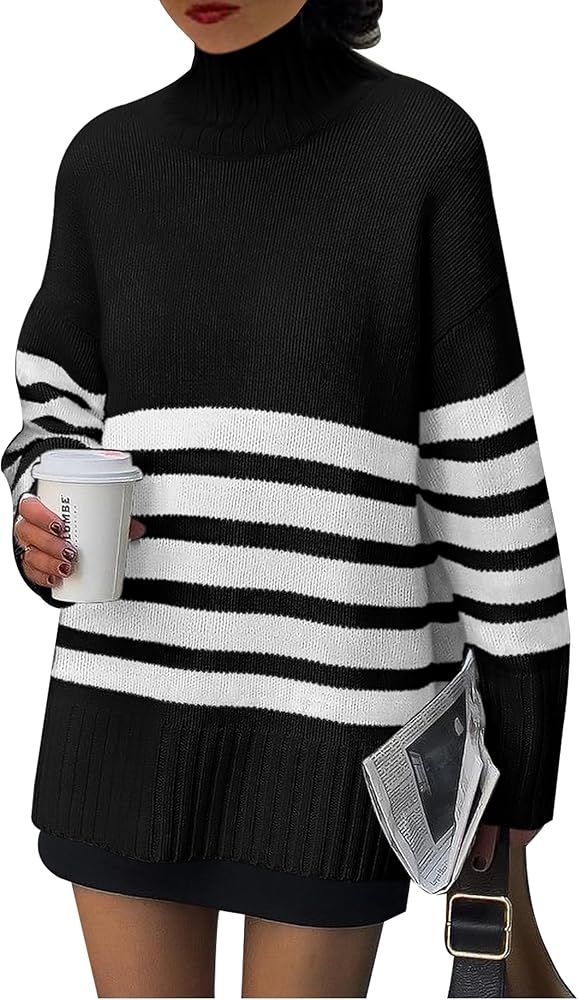 PRETTYGARDEN Women's Striped Sweaters Turtleneck Long Sleeve Tops Fall Outfits 2024 Trendy Oversi... | Amazon (US)