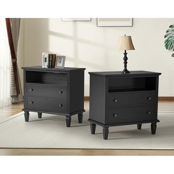 Amberlyn 2-Drawer Nightstand with Built-In Outlets and Solid Wood Legs，Open Shelve (Set of 2) | Wayfair North America
