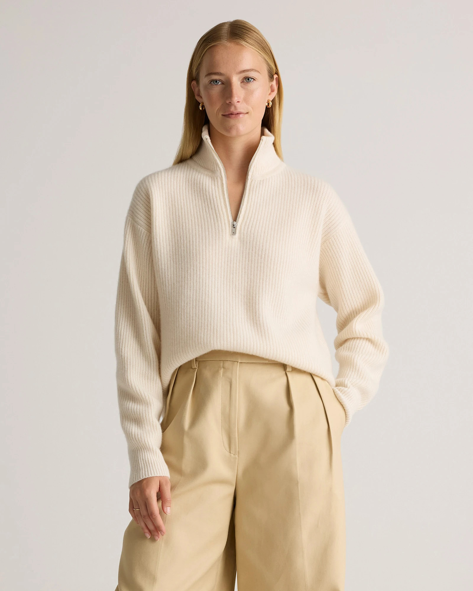 Mongolian Cashmere Fisherman Quarter Zip Sweater in Heather Cloud Beige | Quince