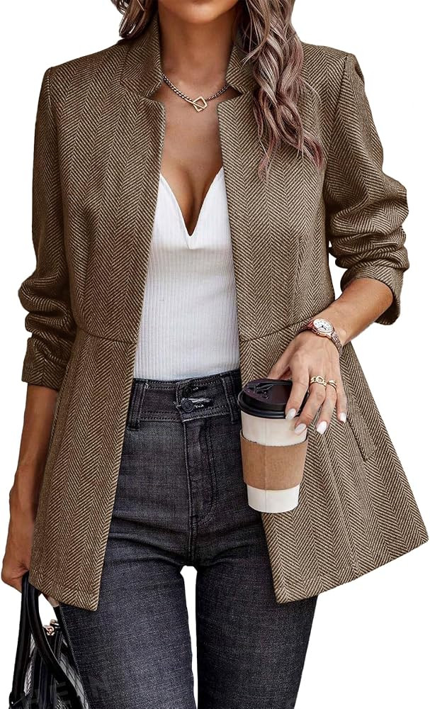 ELLEVEN Women\u2019s Open Front Herringbone Blazer-Business Casual Long Sleeve Work Jacket with F... | Amazon (US)