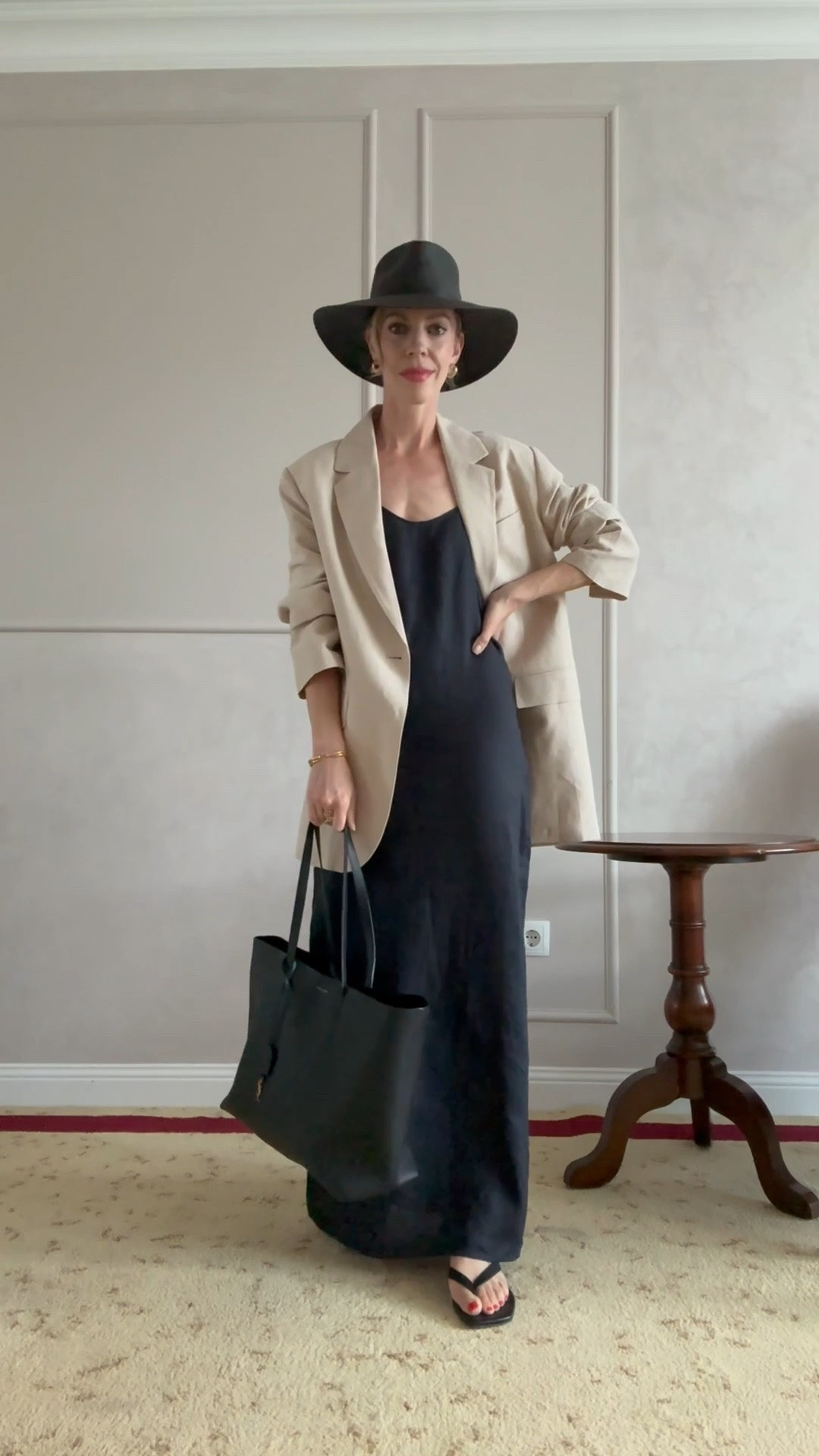 Chic summer outfit for lunch, brunch, or date night - a linen dress with linen blazer and kitten heel thong sandals

#LTKSeasonal #LTKgrwm #LTKOver40