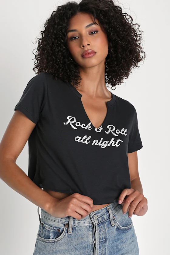 Rock and Roll All Night Black Graphic Cropped Tee | Lulus (US)