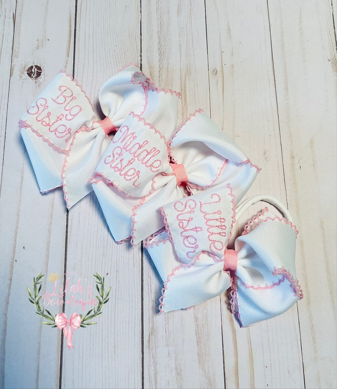 Custom Embroidered Big Sister, Middle Sister, Little Sister Moonstitch Ribbon Hair Bow - Etsy | Etsy (US)