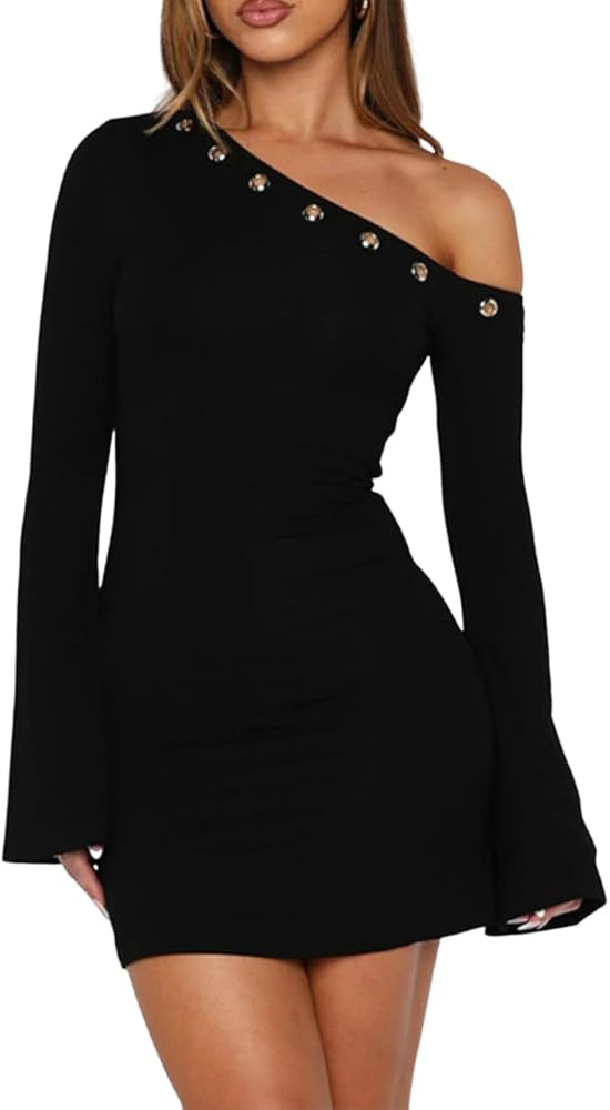Sexy Flared Long Sleeve Slim Fit Bodycon Going Out Club Party Y2K Mini Dress | Amazon (US)