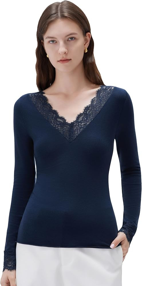 SUUKSESS Cloud Cashmere Women Basic Tops V Boat Neck Lace Long Sleeve Shirt | Amazon (US)