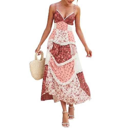 ABYOVRT Women Floral Maxi Dress Spaghetti Straps V Neck Patchwork Flowy Boho Sundress Tiered Long... | Amazon (US)